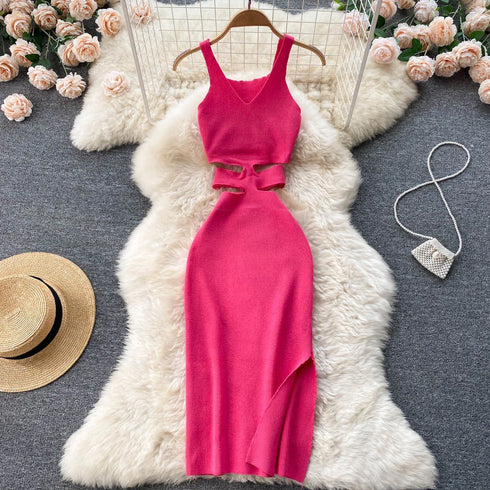 Elegant Summer Bodycon Dress with Cut Out Waist and Split Design for Women